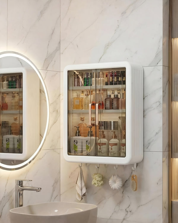 Wall Mounted Storage Cabinet with Transparent Sliding Door & Hooks – Dustproof Organizer for Bathroom, Kitchen & Bedroom