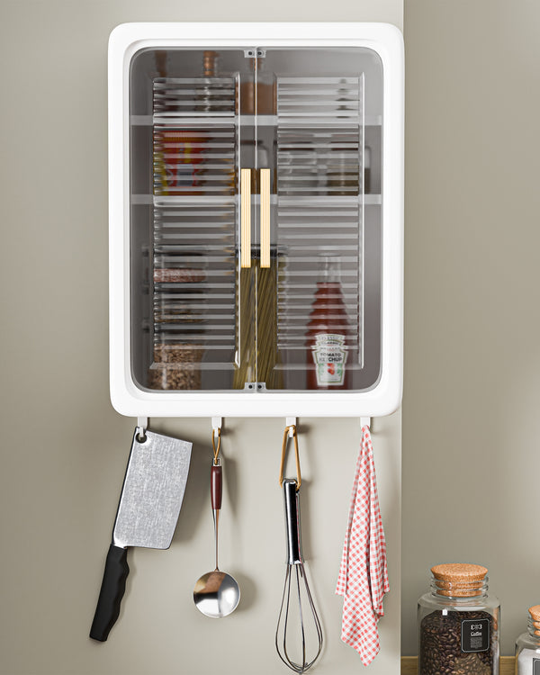 Wall Mounted Storage Cabinet with Transparent Sliding Door & Hooks – Dustproof Organizer for Bathroom, Kitchen & Bedroom
