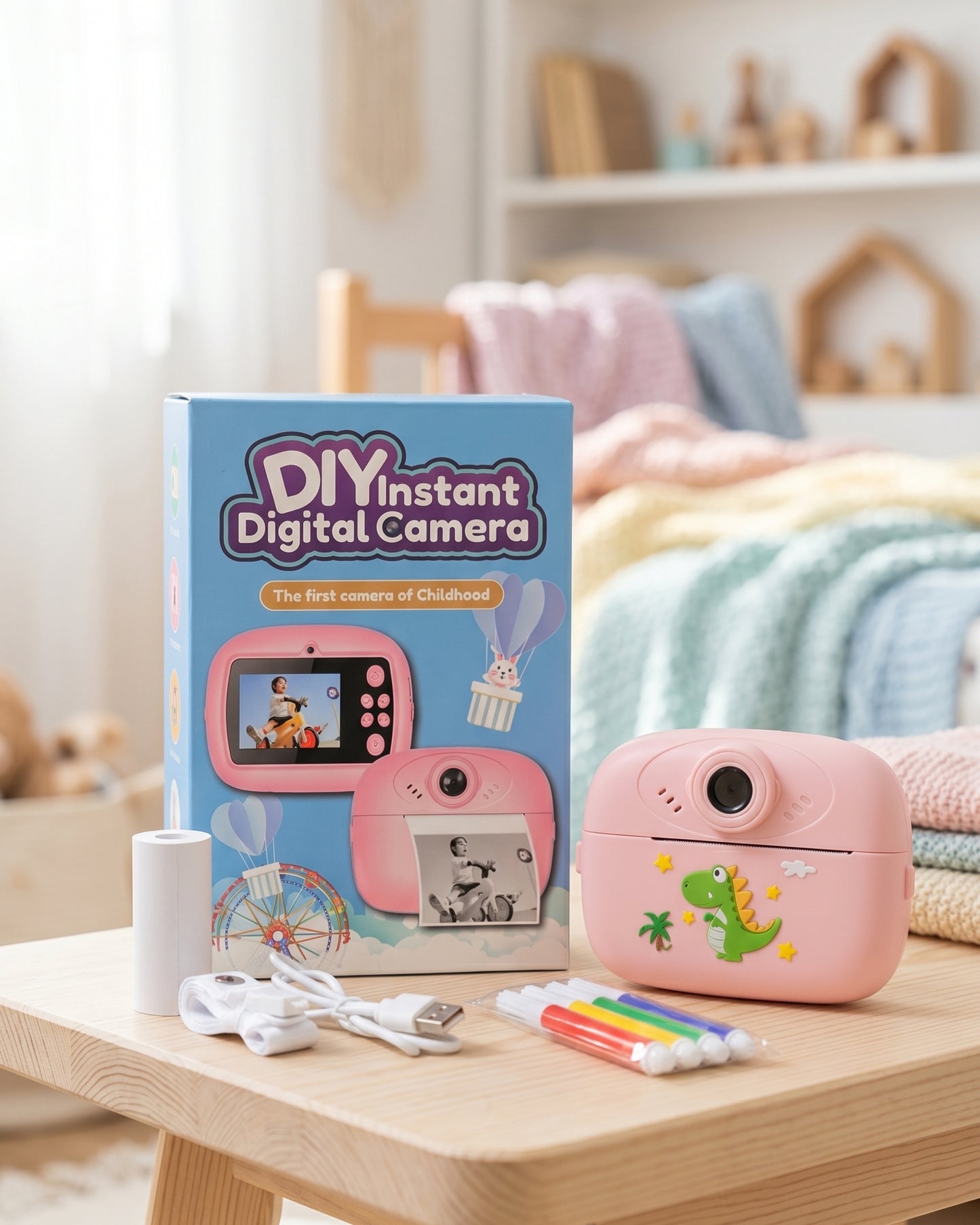Kids Instant Print Camera – DIY Photo & Video Toy with Ink-Free Printing, Rechargeable & Creative Drawing Fun