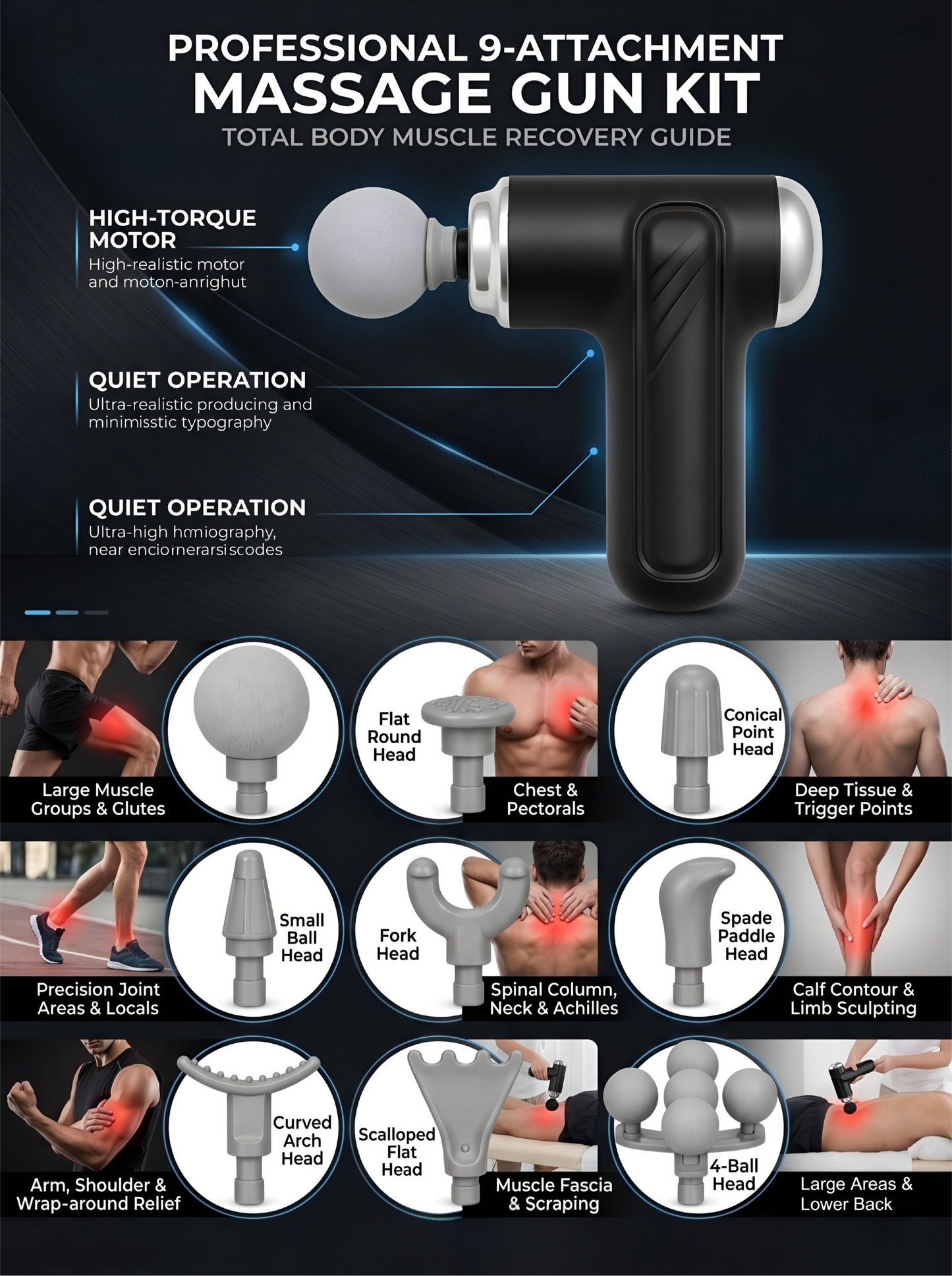 MAXTOP MP-999 Massage Gun - 9 Interchangeable Heads, Deep Tissue Fascia Gun for Full Body Muscle Recovery