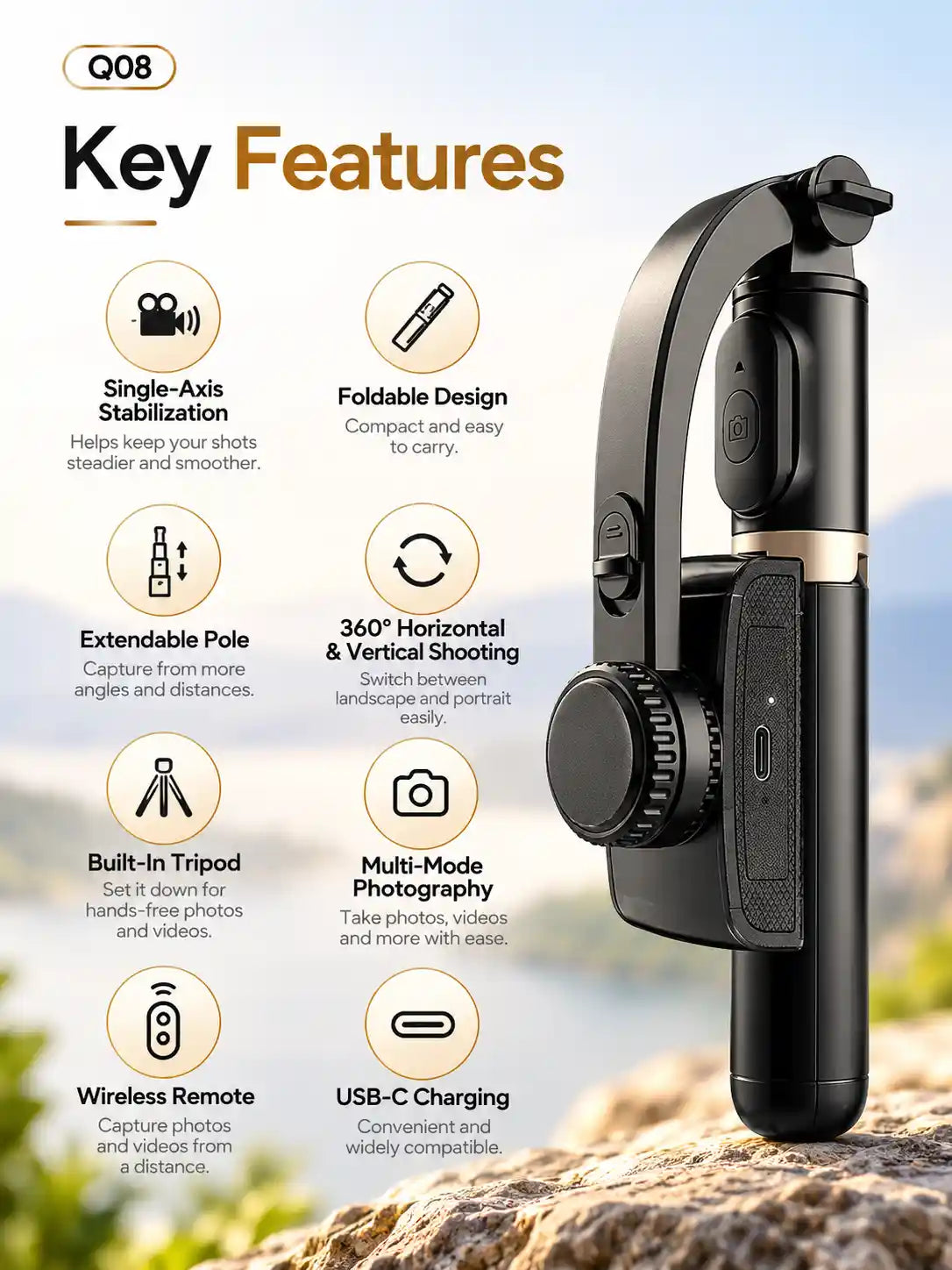 Q08 3-in-1 Gimbal Stabilizer Selfie Stick & Tripod