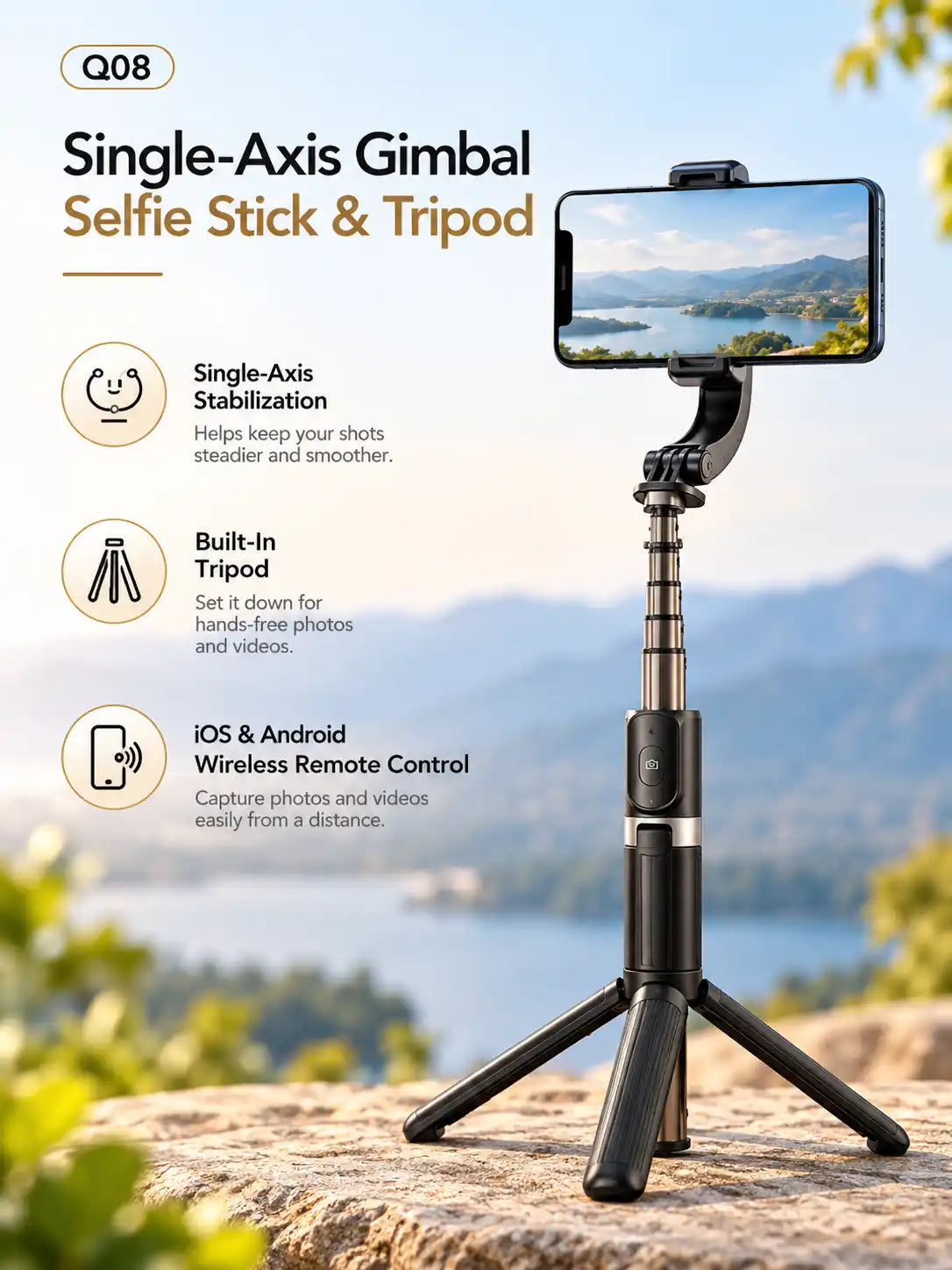 Q08 3-in-1 Gimbal Stabilizer Selfie Stick & Tripod