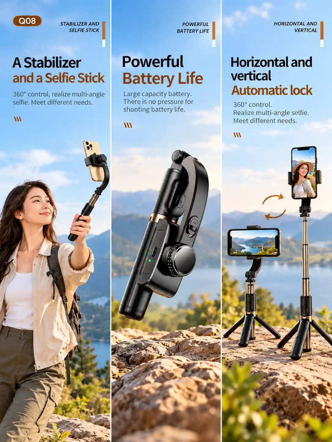 Q08 3-in-1 Gimbal Stabilizer Selfie Stick & Tripod