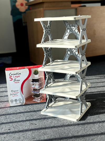 5-Tier Adjustable Display Stand, Modern Design, Heavy Duty Plastic Construction, Adjustable Height Shelves, Grey Finish