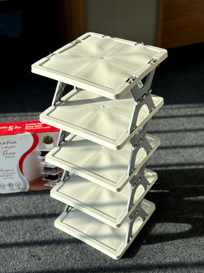 5-Tier Adjustable Display Stand, Modern Design, Heavy Duty Plastic Construction, Adjustable Height Shelves, Grey Finish